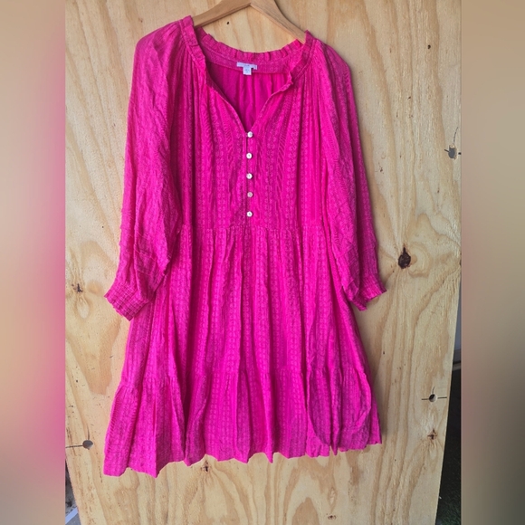 J Jill Vibrant Pink Dress Size 2X Plus Long Sleeves Popover Feminine - Picture 3 of 13